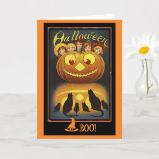 Carte Citrouille et chats noirs Halloween vintage