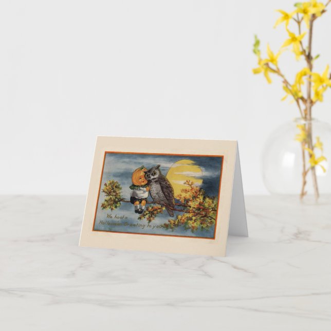 Carte Citrouille garçon hibou branche d'arbre lune vinta (Fleur jaune)