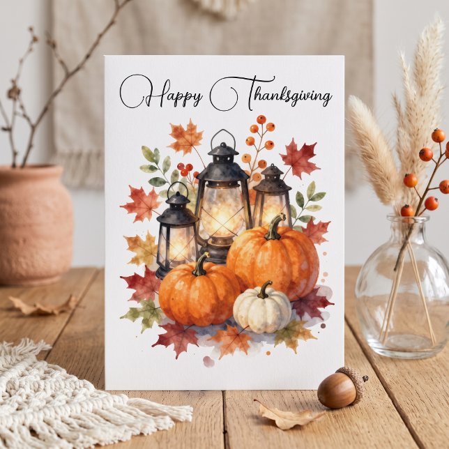 Carte Citrouille Lanterne Rustique Aquarelle Thanksgivin (Créateur téléchargé)