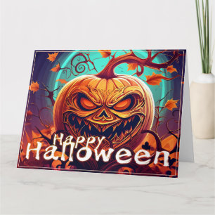 Carte Citrouille orange effrayant avec visage, Halloween
