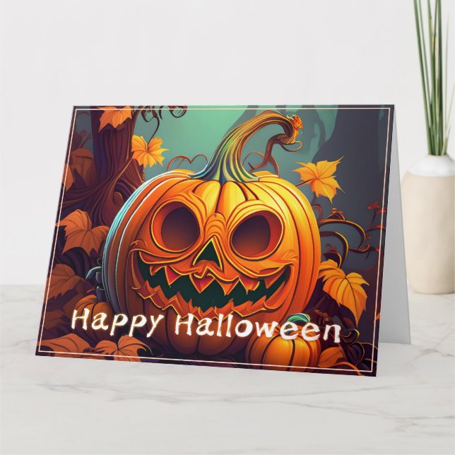 Carte Citrouille orange effrayante avec visage, Hallowee (Devant)