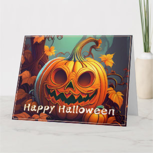 Carte Citrouille orange effrayante avec visage, Hallowee