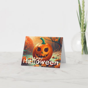 Carte Citrouille orange effrayante avec visage, Hallowee