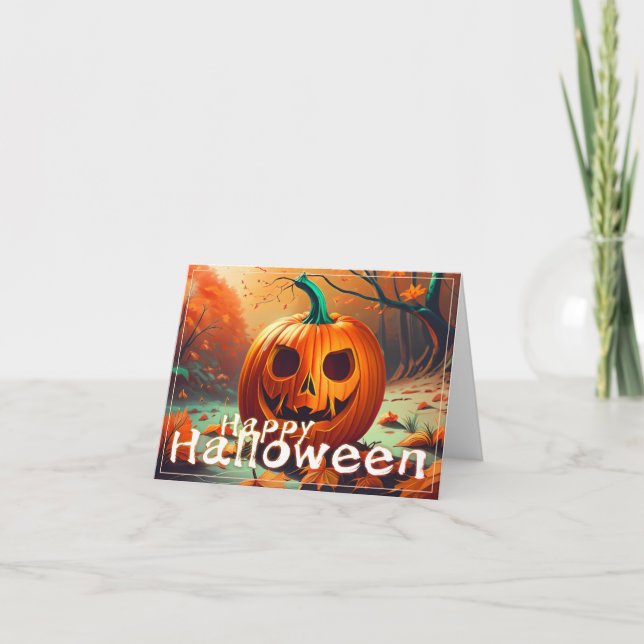 Carte Citrouille orange effrayante avec visage, Hallowee (Devant)