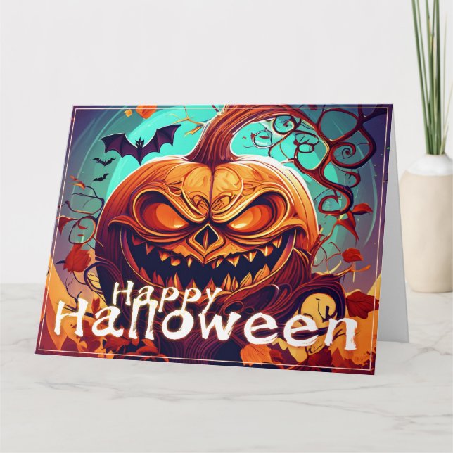 Carte Citrouille orange effrayante avec visage, Hallowee (Devant)