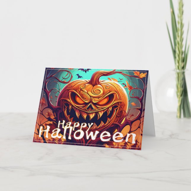 Carte Citrouille orange effrayante avec visage, Hallowee (Devant)