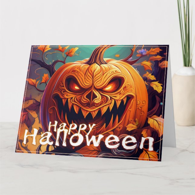 Carte Citrouille orange effrayante avec visage, Hallowee (Devant)