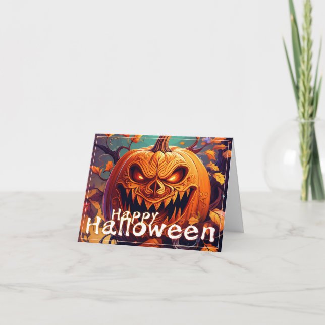 Carte Citrouille orange effrayante avec visage, Hallowee (Devant)
