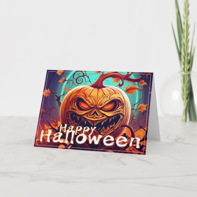 Carte Citrouille orange effrayante avec visage, Hallowee (Devant)