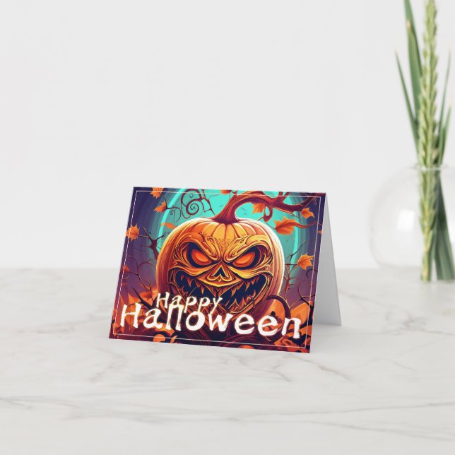 Carte Citrouille orange effrayante avec visage, Hallowee (Devant)