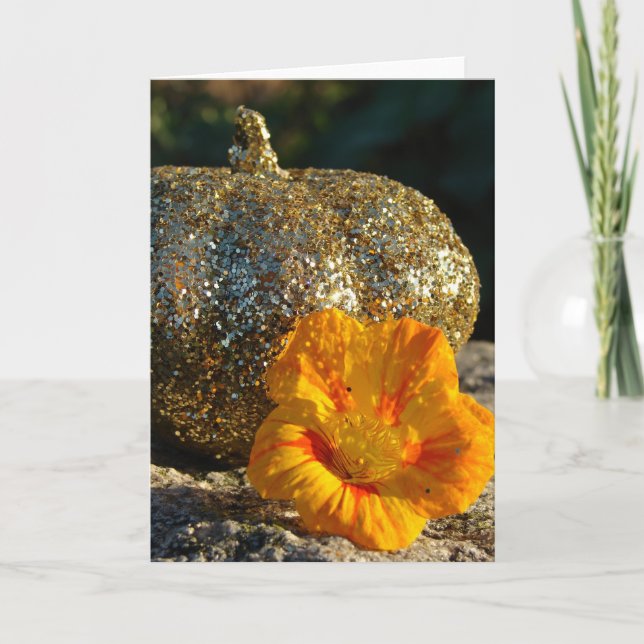 Carte Citrouille pailletée dorée et fleur orange (Devant)