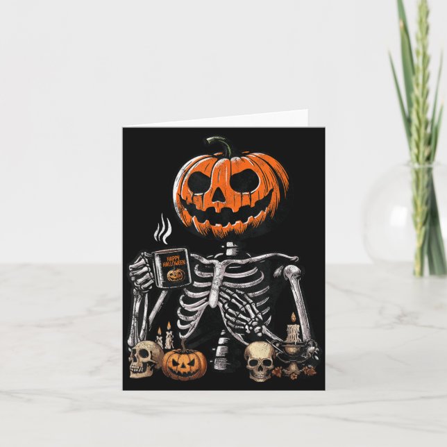 Carte Citrouille squelettique buvant du café Halloween d (Devant)