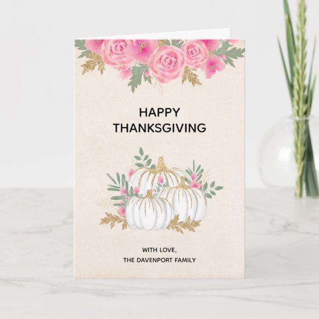 Carte Citrouilles blanches et dorées aquarelle Thanksgiv (Devant)