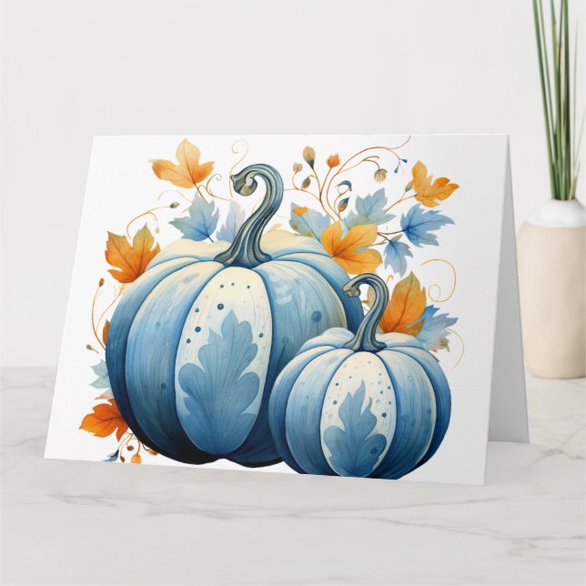 Carte Citrouilles Bleues à l'Aquarelle & Feuilles d'Auto (Devant)