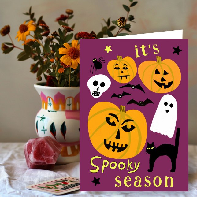 Carte Citrouilles de la saison effrayante Chauve-souris  (Spooky Season Pumpkins Ghost Bat HAPPY HALLOWEEN  Autumn Hand-Drawn Whimsical Cute Greeting Card
)