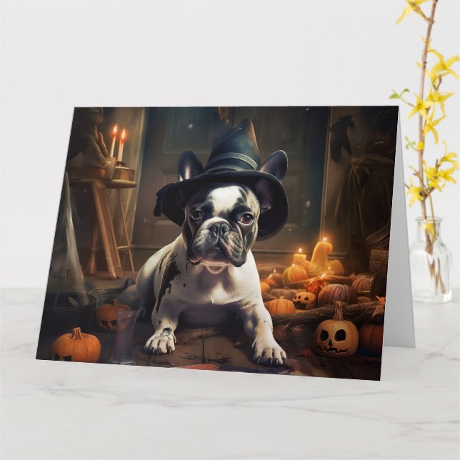 Carte Citrouilles d'Halloween effrayantes de Bouledogue  (Fleur jaune)