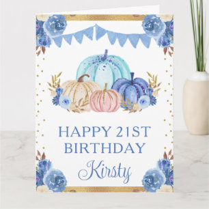 Carte Citrouilles Fleuries Bleu et Blanc Aquarelle Anniv