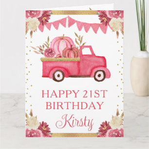Carte Citrouilles Florales Rose Aquarelle Camion Anniver