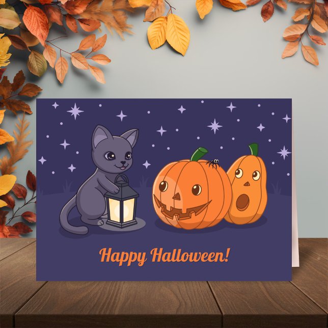 Carte Citrouilles Lanterne Chat Noir Halloween Violet (Créateur téléchargé)