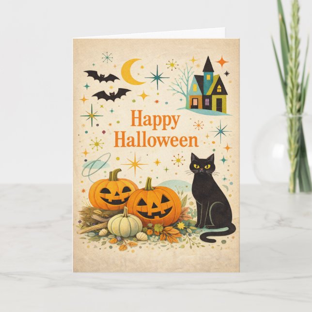 Carte Citrouilles orange Halloween du milieu du siècle (Devant)