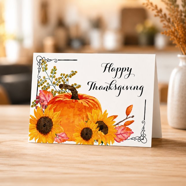 Carte Citrouilles Tournesol de Thanksgiving Rustique (Watercolor Pumpkins Thanksgiving Card)