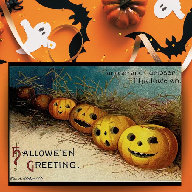 Carte Citrouilles Vintage Jack O Lanterns salutations d' (Vintage Jack O Lanterns Halloween Greetings Downloadable Card with editable message.)
