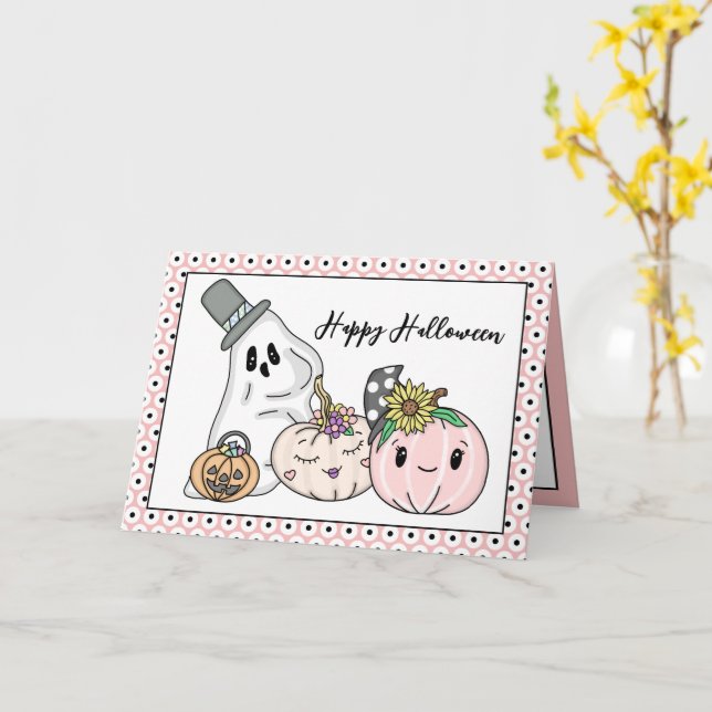 Carte Citrouilles Whimsical d'Halloween rose et Boo (Fleur jaune)