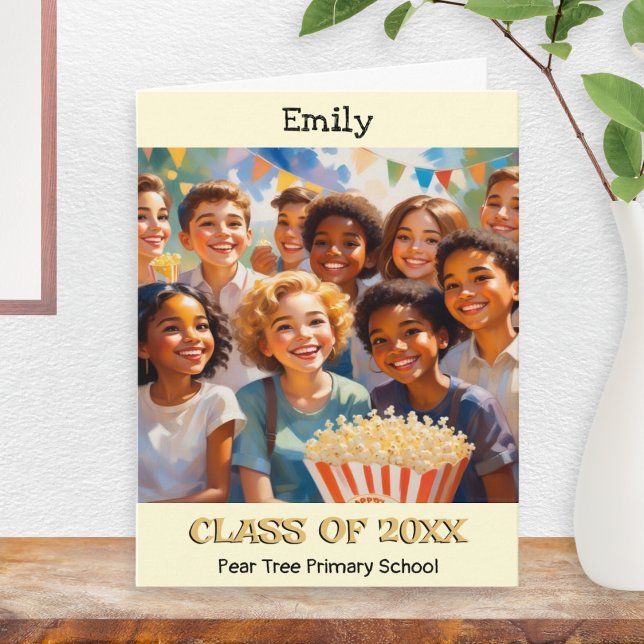 Carte Classe de fin d'études primaires de l'enfant promo (A card for a child leaving primary or elementary school, with name, class, school and year)