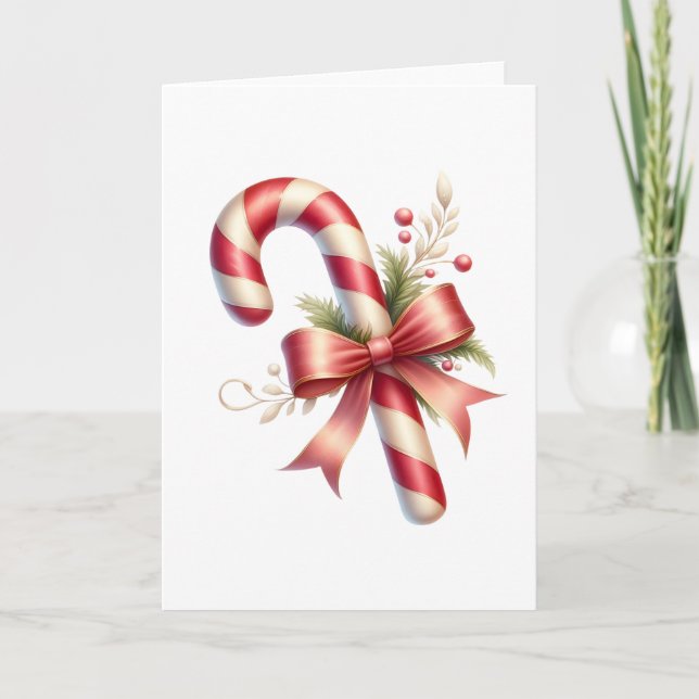 Carte Classic Candy Cane with Red Satin Bow and Greenery (Devant)