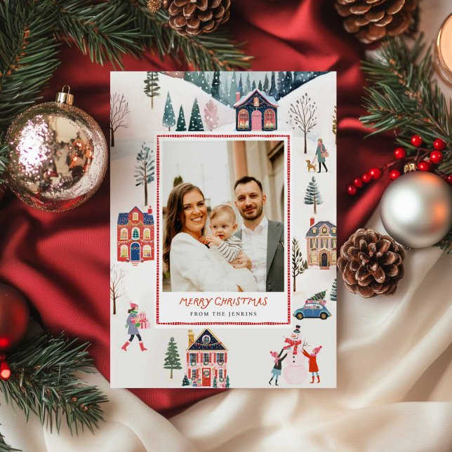 Carte classique de voeux photo de Noël Joyeux (Classic Merry Christmas Photo Greeting Card - Christmas Village Vintage Theme)