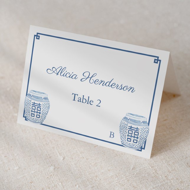 Carte Classique Mariage Bleu Et Blanc (Individual place card design featuring dark blue and white ginger jars and greek key pattern)