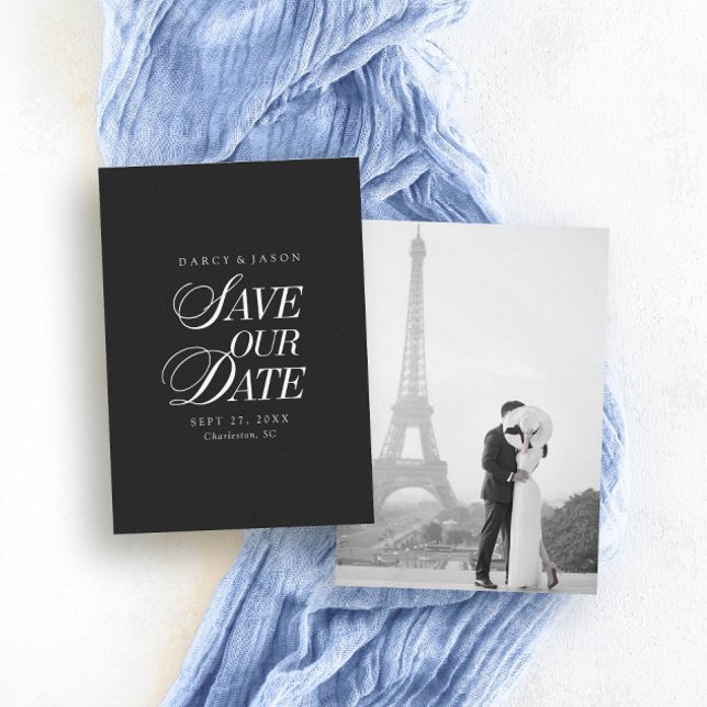 Carte Classique Noir et Blanc Élégante de Sauvegar (Classy Black and White Elegant Save the Date Card)