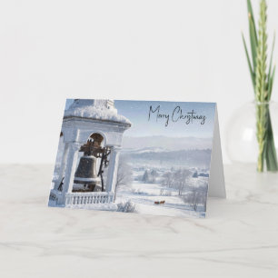 Carte Cloche d'église de Noël avec traîneau tiré par des