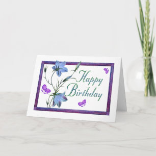 Carte Cloches bleues et papillons d'anniversaire