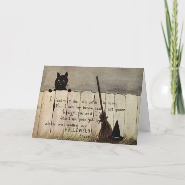 Carte Clôture Chat Noir Balai de Sorcière Chapeau (Devant)