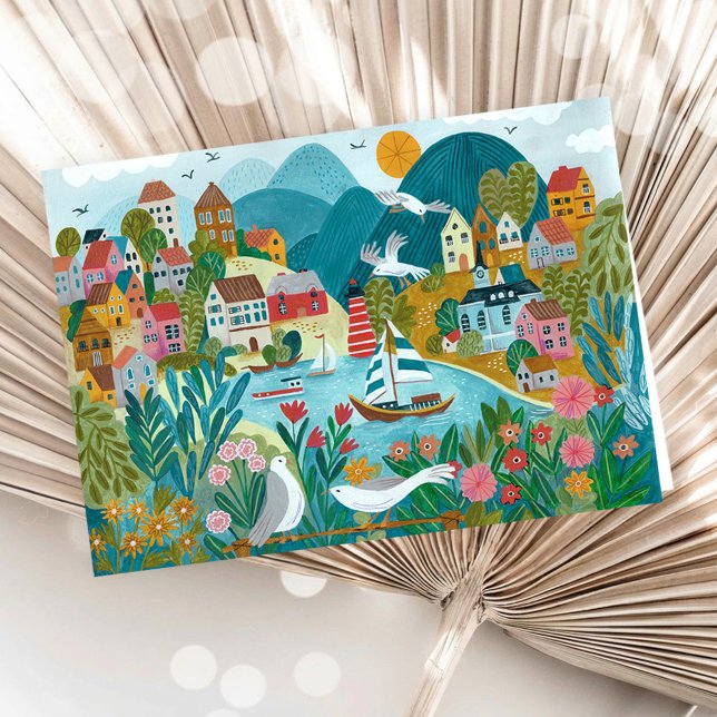 Carte Coastal Village Harbor Scenic Illustration  (Coastal Village Harbor Scenic Illustration Card)