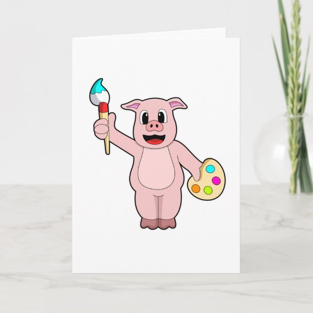 Carte Cochon à la peinture avec pinceau et couleur (Devant)