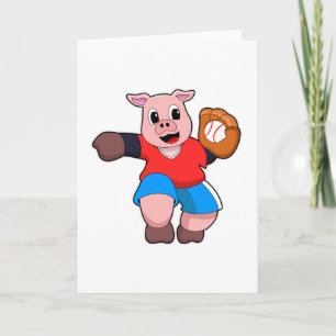 Carte Cochon au baseball avec gant de baseball