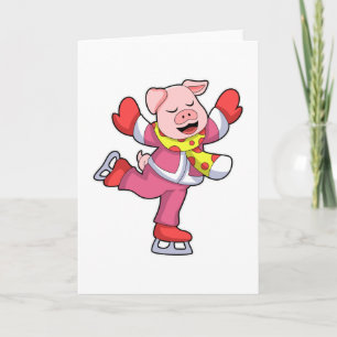 Carte Cochon au patinage sur glace avec des patins à gla