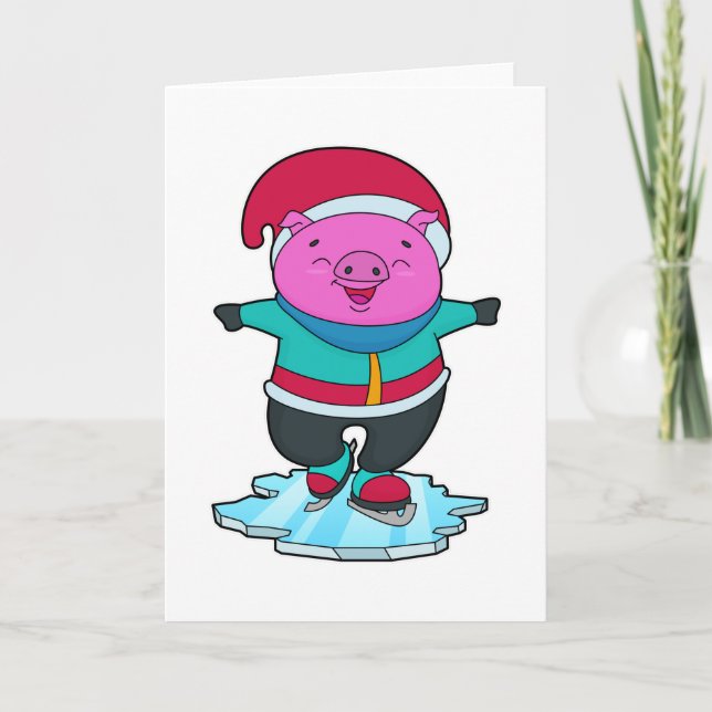 Carte Cochon au patinage sur glace avec patins à glace e (Devant)