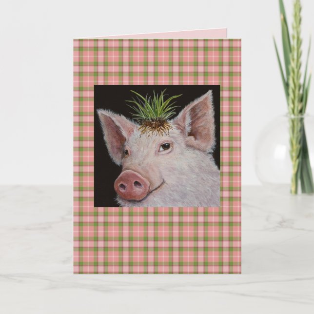 Carte cochon avec casquette à touffes d'herbe (Devant)