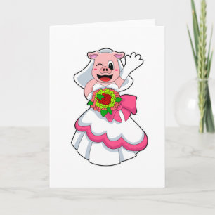 Carte Cochon avec robe Mariage & Bunch of Flowers