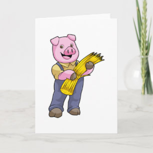 Carte Cochon comme agriculteur avec de la paille