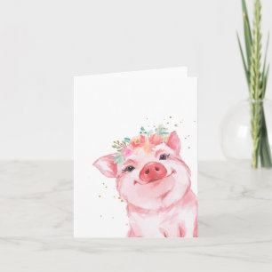 Carte Cochon d'aquarelle florale mignonne