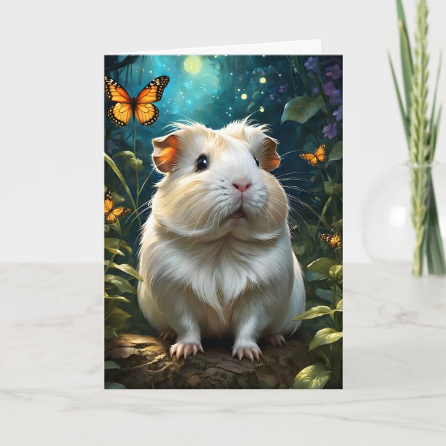 Carte Cochon d'Inde adorable en forêt avec papillon Blan (Devant)
