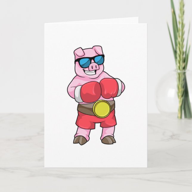 Carte Cochon en boxeur avec gants de boxe (Devant)