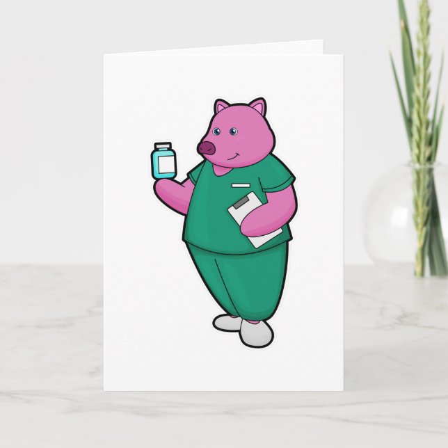 Carte Cochon en infirmière avec des médicaments (Devant)