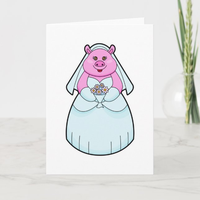 Carte Cochon en mariée avec Voile (Devant)
