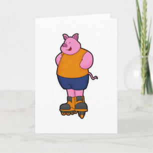 Carte Cochon en patinage avec patins en ligne