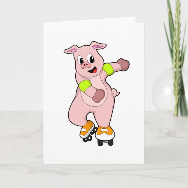 Carte Cochon en patineur avec des patins en ligne (Devant)